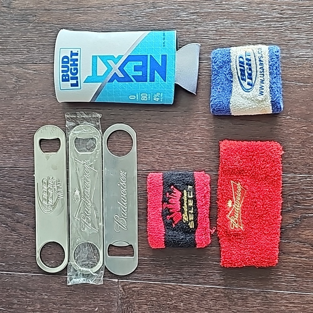 Bud light Next koozie, sweatbands, and three bar keys